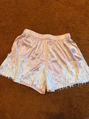 SHEIN Pink Satin Sleep Shorts with White Lace